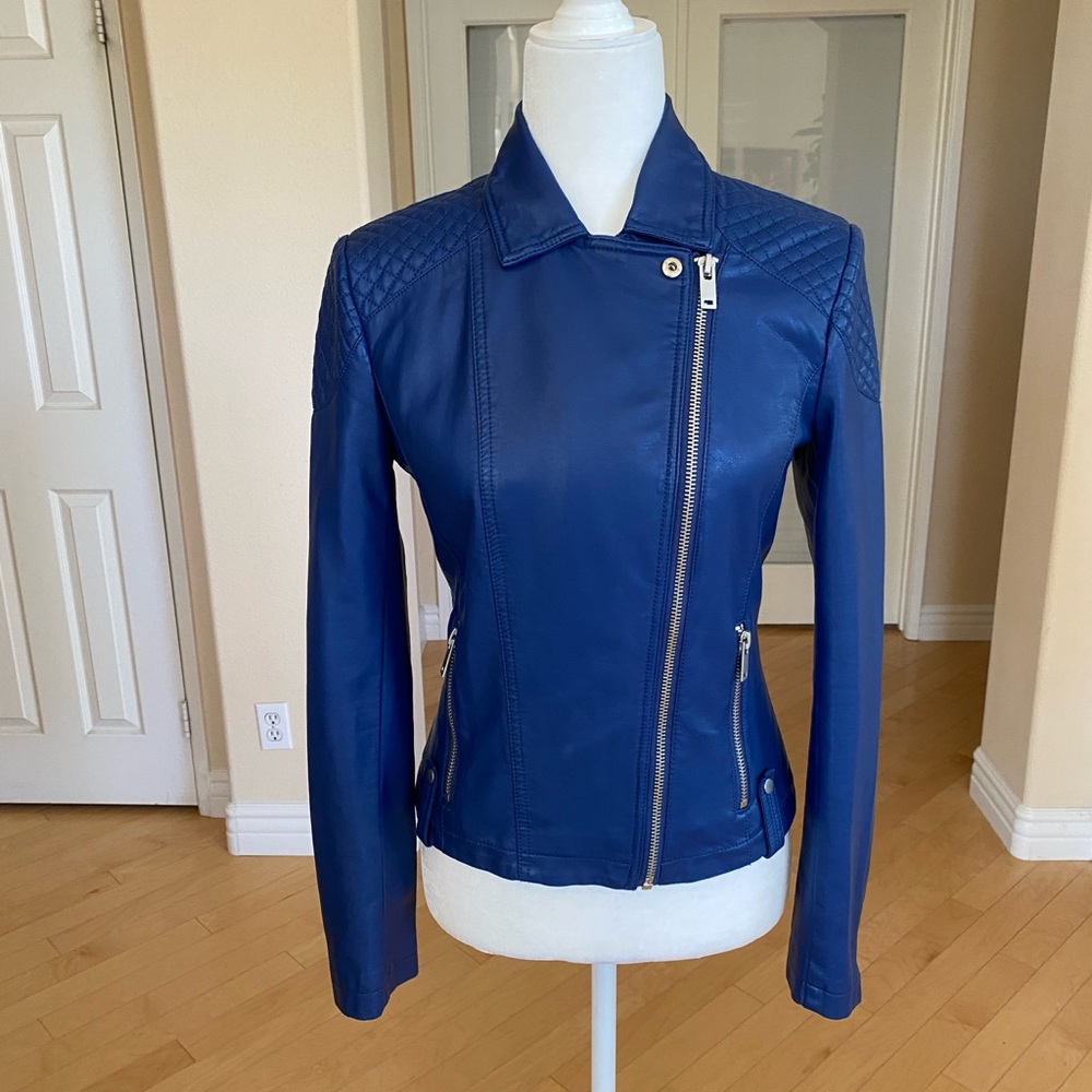 NWOT Black Rivet Blue Soft Vegan Leather Moto Jacket Fitted Design - Picture 6 of 11